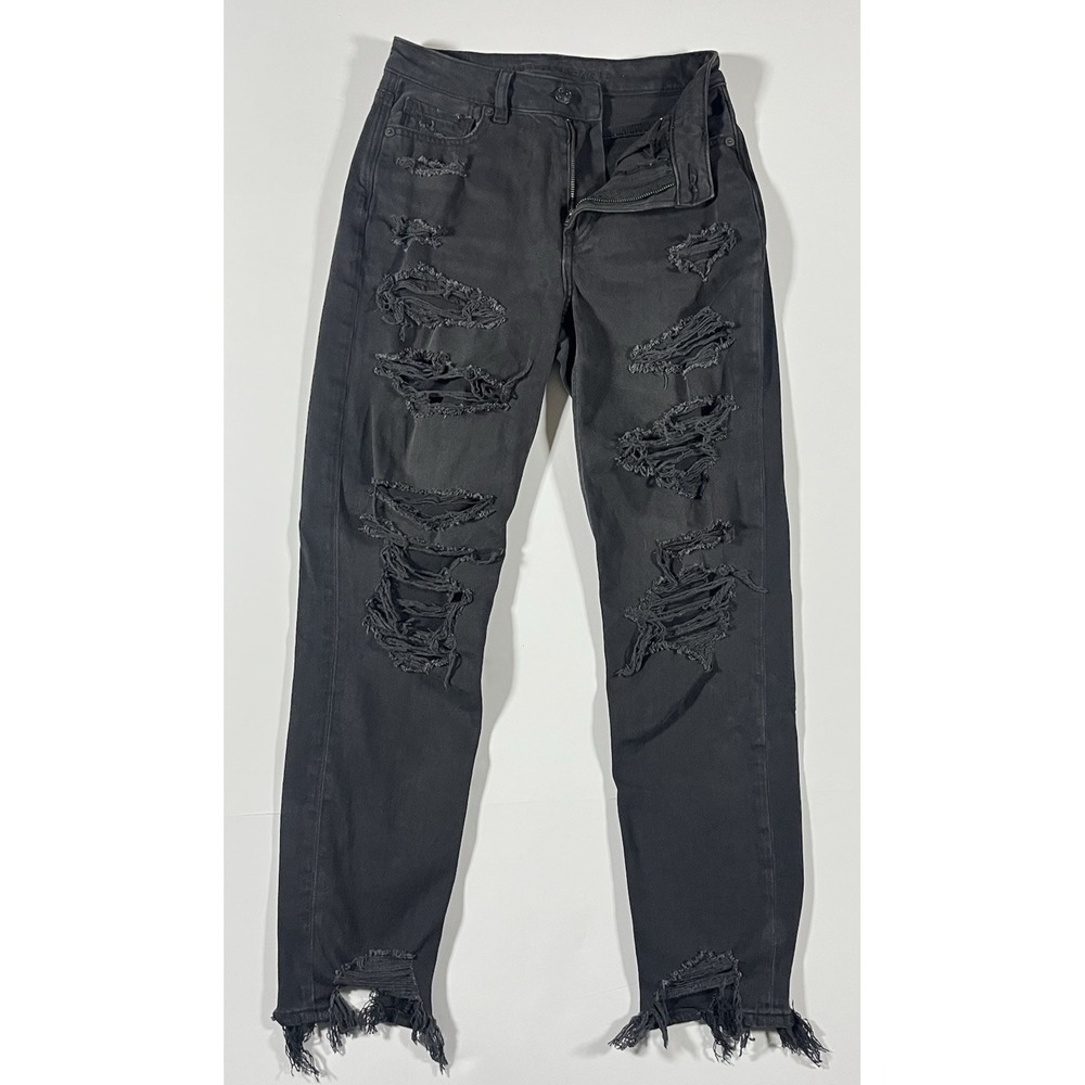 American Eagle Womens Strigid Mom Jeans Black Denim Size 2 Distressed With Holes